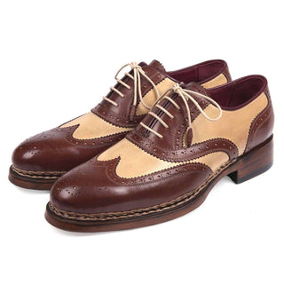 Paul Parkman Handmade Shoes Triple Leather Sole Goodyear Welted Wingtip Brogues Dual-tone Beige & Brown Oxfords (PM5614)-AmbrogioShoes