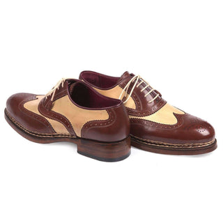 Paul Parkman Handmade Shoes Triple Leather Sole Goodyear Welted Wingtip Brogues Dual-tone Beige & Brown Oxfords (PM5614)-AmbrogioShoes