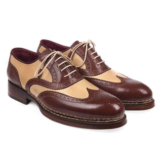 Paul Parkman Handmade Shoes Triple Leather Sole Goodyear Welted Wingtip Brogues Dual-tone Beige & Brown Oxfords (PM5614)-AmbrogioShoes