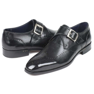 Paul Parkman Handmade Designer Shoes Wingtip Single Monkstraps Black Loafers (PM5856)-AmbrogioShoes