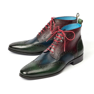 Paul Parkman Handmade Shoes Wingtip Three Tone Green Blue Bordeaux Ankle Boots (PM5611)-AmbrogioShoes