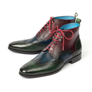 Paul Parkman Handmade Designer Shoes Wingtip Three Tone Green Blue Bordeaux Ankle Boots (PM5611)-AmbrogioShoes