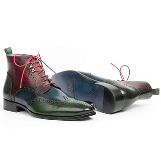 Paul Parkman Handmade Designer Shoes Wingtip Three Tone Green Blue Bordeaux Ankle Boots (PM5611)-AmbrogioShoes