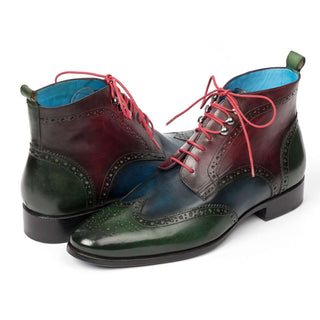 Paul Parkman Handmade Designer Shoes Wingtip Three Tone Green Blue Bordeaux Ankle Boots (PM5611)-AmbrogioShoes