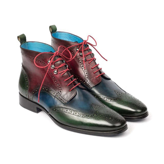 Paul Parkman Handmade Designer Shoes Wingtip Three Tone Green Blue Bordeaux Ankle Boots (PM5611)-AmbrogioShoes