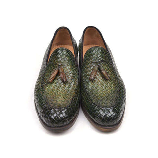 Paul Parkman Handmade Designer Shoes Woven Leather Tassel Green Loafers (PM5508)-AmbrogioShoes