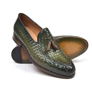 Paul Parkman Handmade Designer Shoes Woven Leather Tassel Green Loafers (PM5508)-AmbrogioShoes