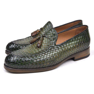 Paul Parkman Handmade Designer Shoes Woven Leather Tassel Green Loafers (PM5508)-AmbrogioShoes