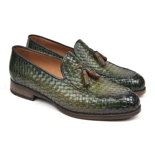 Paul Parkman Handmade Designer Shoes Woven Leather Tassel Green Loafers (PM5508)-AmbrogioShoes