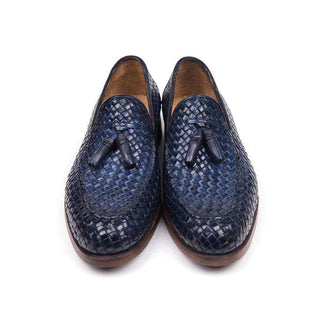 Paul Parkman Handmade Designer Shoes Woven Leather Tassel Navy Loafers (PM5507)-AmbrogioShoes