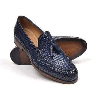 Paul Parkman Handmade Designer Shoes Woven Leather Tassel Navy Loafers (PM5507)-AmbrogioShoes