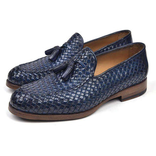 Paul Parkman Handmade Designer Shoes Woven Leather Tassel Navy Loafers (PM5507)-AmbrogioShoes