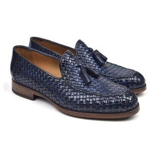 Paul Parkman Handmade Designer Shoes Woven Leather Tassel Navy Loafers (PM5507)-AmbrogioShoes