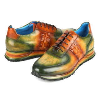 Paul Parkman LP207GRB Men's Shoes Green & Brown Patina Leather Casual Sneakers (PM6374)-AmbrogioShoes