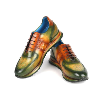 Paul Parkman LP207GRB Men's Shoes Green & Brown Patina Leather Casual Sneakers (PM6374)-AmbrogioShoes