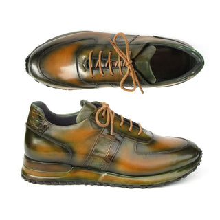 Paul Parkman LP208GRN Men's Shoes Green Hand-Painted Leather Sneakers (PM6409)-AmbrogioShoes