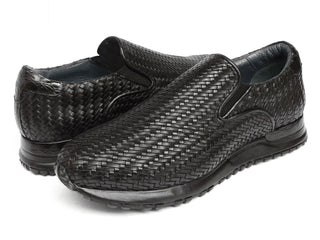 Paul Parkman LW204BLK Men's Shoes Black Woven Leather Slip-On Sneakers (PM6429)-AmbrogioShoes