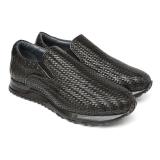 Paul Parkman LW204BLK Men's Shoes Black Woven Leather Slip-On Sneakers (PM6429)-AmbrogioShoes