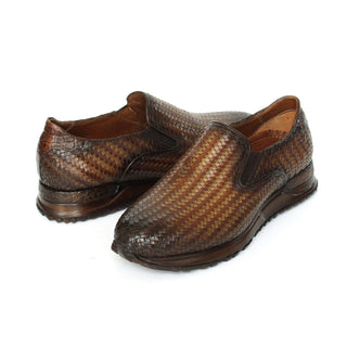 Paul Parkman LW204BRW Men's Shoes Brown Woven Leather Slip-On Sneakers (PM6420)-AmbrogioShoes