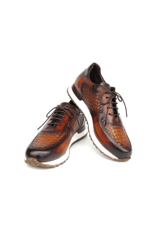 Paul Parkman LW205BRW Brown Hand-Painted Woven Leather Sneakers (PM6408)