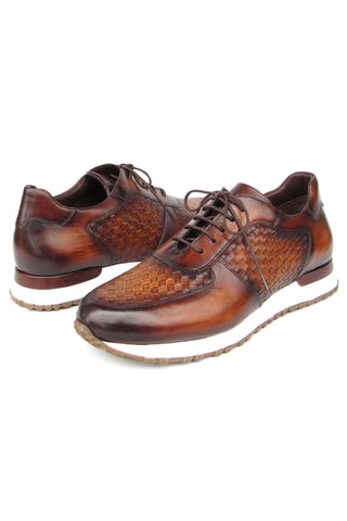 Paul Parkman LW205BRW Brown Hand-Painted Woven Leather Sneakers (PM6408)