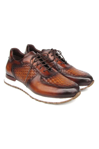 Paul Parkman LW205BRW Brown Hand-Painted Woven Leather Sneakers (PM6408)