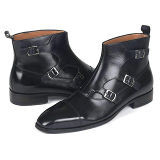 Paul Parkman Men's Black Calf-Skin Leather Triple Monk-Straps Boots 88951-BLK (PM6143)-AmbrogioShoes