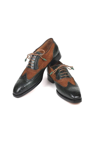 Paul Parkman Men's Brown and Green Pattern Embossed / Calf-Skin and Suede Good Year Wing Tips Oxfords 9941-BWG (PM6125)
