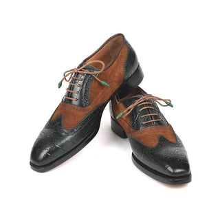 Paul Parkman Men's Brown and Green Pattern Print / Calf-Skin and Suede Good Year Wing Tips Oxfords 9941-BWG (PM6125)-AmbrogioShoes