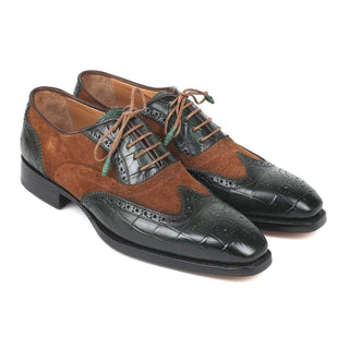 Paul Parkman Men's Brown and Green Pattern Print / Calf-Skin and Suede Leather Good Year Wing Tips Oxfords 9941-BWG (PM6125)-AmbrogioShoes