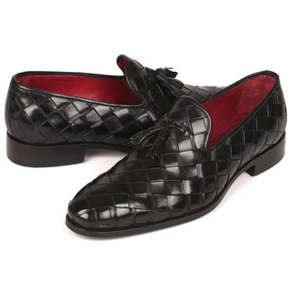 Paul Parkman Men's Designer Shoes Black Braided Calf-Skin Leather Tassels Loafers 6623-BLK (PM6206)-AmbrogioShoes