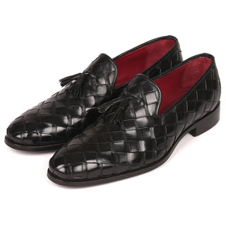 Paul Parkman Men's Designer Shoes Black Braided Calf-Skin Leather Tassels Loafers 6623-BLK (PM6206)-AmbrogioShoes