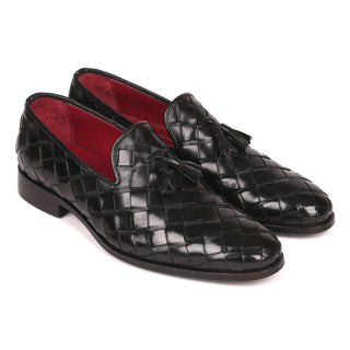 Paul Parkman Men's Designer Shoes Black Braided Calf-Skin Leather Tassels Loafers 6623-BLK (PM6206)-AmbrogioShoes