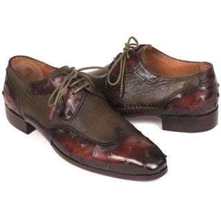 Paul Parkman Men's Designer Shoes Brown & Green Ostrich-Skin / Calf-Skin Leather Wing-Tip Oxfords 844H389 (PM6204)-AmbrogioShoes