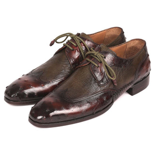 Paul Parkman Men's Designer Shoes Brown & Green Ostrich-Skin / Calf-Skin Leather Wing-Tip Oxfords 844H389 (PM6204)-AmbrogioShoes