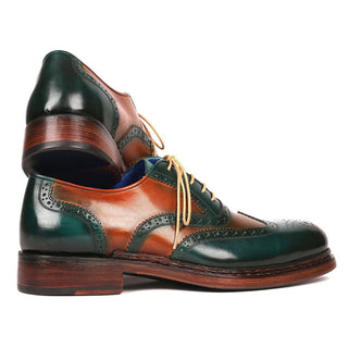 Paul Parkman Men's Designer Shoes Green & Tobacco Calf-Skin Leather Wing-Tip Oxfords 027-GRN-TAB (PM6207)-AmbrogioShoes