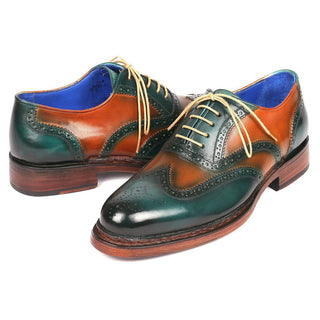 Paul Parkman Men's Designer Shoes Green & Tobacco Calf-Skin Leather Wing-Tip Oxfords 027-GRN-TAB (PM6207)-AmbrogioShoes