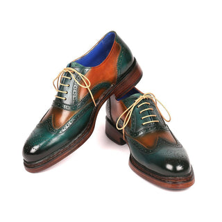 Paul Parkman Men's Designer Shoes Green & Tobacco Calf-Skin Leather Wing-Tip Oxfords 027-GRN-TAB (PM6207)-AmbrogioShoes