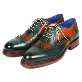 Paul Parkman Men's Designer Shoes Green & Tobacco Calf-Skin Leather Wing-Tip Oxfords 027-GRN-TAB (PM6207)-AmbrogioShoes