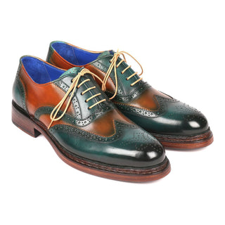 Paul Parkman Men's Designer Shoes Green & Tobacco Calf-Skin Leather Wing-Tip Oxfords 027-GRN-TAB (PM6207)-AmbrogioShoes