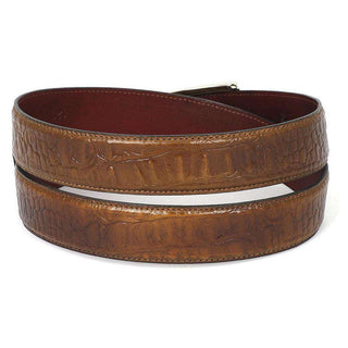 Paul Parkman Men's Hand-Painted Belt Olive Embossed Calfskin Leather (PMB205)-AmbrogioShoes