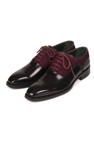 Paul Parkman Men's Handmade Shoes Black & Burgundy Suede / Patent Goodyear Welted Formal Oxfords (PM6324)