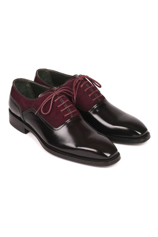 Paul Parkman Men's Handmade Shoes Black & Burgundy Suede / Patent Goodyear Welted Formal Oxfords (PM6324)