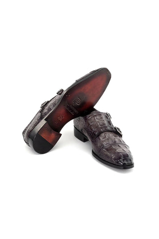 Paul Parkman Men's Handmade Shoes Crocodile Print Leather Double Monk-Strap (PM6465)-AmbrogioShoes