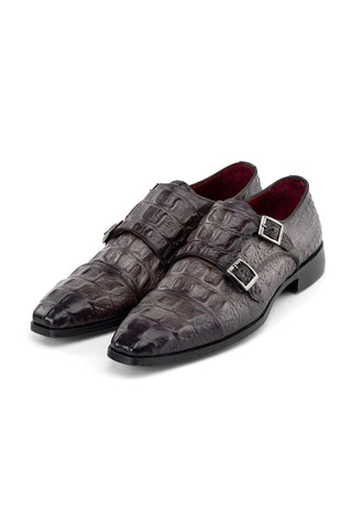 Paul Parkman Men's Handmade Shoes Crocodile Print Leather Double Monk-Strap (PM6465)-AmbrogioShoes