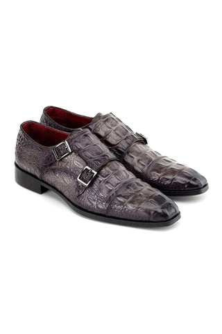 Paul Parkman Men's Handmade Shoes Crocodile Print Leather Double Monk-Strap (PM6465)-AmbrogioShoes