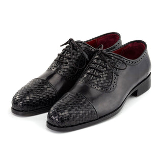 Paul Parkman Men's Handmade Shoes Woven & Calf-Skin Leather Cap-Toe Oxford (PM6468)-AmbrogioShoes