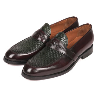 Paul Parkman Men's Shoes Green / Brown Woven & Calf-Skin Leather Slip-On Loafers 548LF832 (PM6208)-AmbrogioShoes
