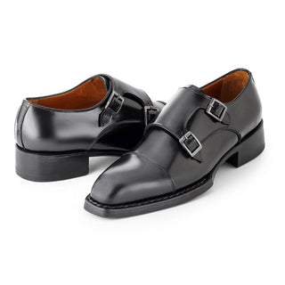 Paul Parkman Men's Shoes Hand-Welted Polished Leather Cap-Toe Double Monk-Straps Loafers (PM6439)-AmbrogioShoes