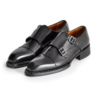 Paul Parkman Men's Shoes Hand-Welted Polished Leather Cap-Toe Double Monk-Straps Loafers (PM6439)-AmbrogioShoes